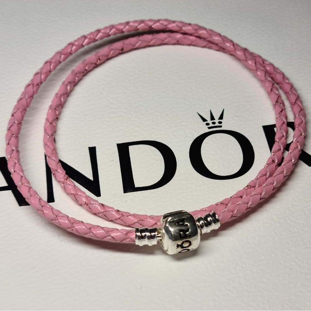 Pandora Pink Double Braided Leather Bracelet with Silver Clasp